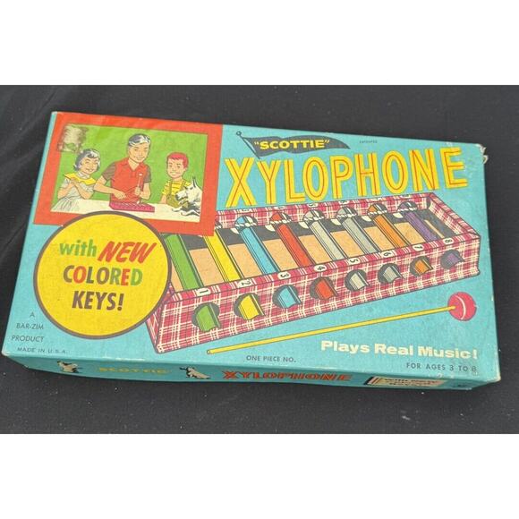 Vintage 1930’s Scottie Tin Litho Childs Toy Xylophone USA Mint In Original Box